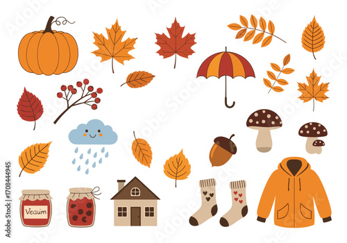 Cute autumn elements collection featuring pumpkins leaves and rain.
