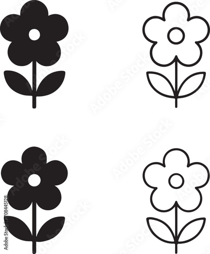 Flower icons set,black flower icons,floral,solid silhouette,line art outline,filled minimal style,thin stroke outline,isolated vector design for decoration nature projects