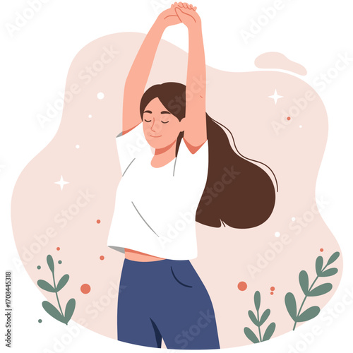 Young woman stretching with arms raised in a relaxed environment  