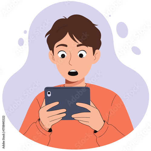 Young man surprised while using a tablet in a graphic design style  