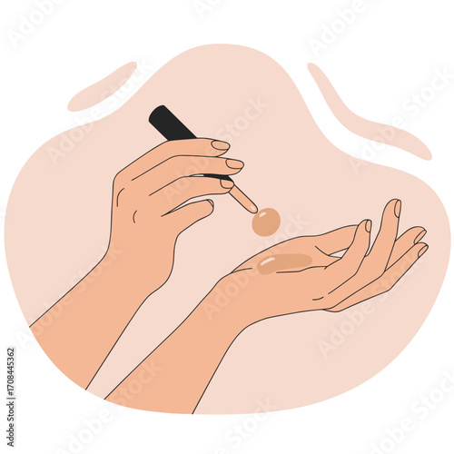 Hands applying liquid foundation on skin in minimalist style  