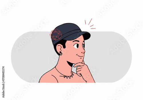 Thoughtful Young Man in a Cap Looking Sideways with a Curious Expression Against a Light Gray Background with Copy Space