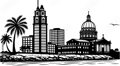 Vector art of black and white vector silhouette of the city of havana, cuba skyline with palm trees