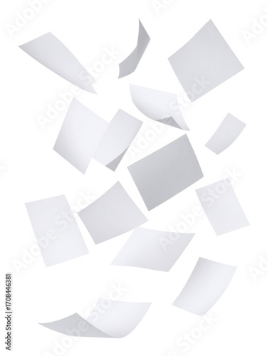 falling blank white papers isolated on white background