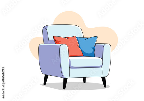 A cozy armchair with two colorful pillows sits in a bright room.