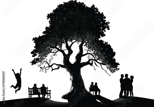 Silhouette of people relaxing, playing, and spending time under a big tree in park during peaceful outdoor sunny day