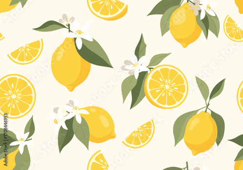 Seamless pattern of fresh lemons with leaves and blossoms.