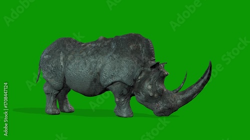 Realistic Rhino Attacking Scene Right Side 3D Rendering Animation on Green Screen