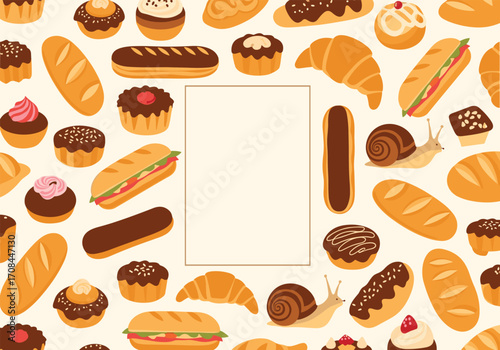 A delightful assortment of baked goods arranged in a pleasing pattern around a central blank space for text