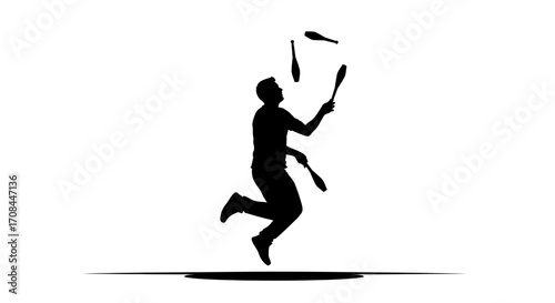 Dynamic silhouette of a person expertly juggling pins mid-air, capturing skill and motion.