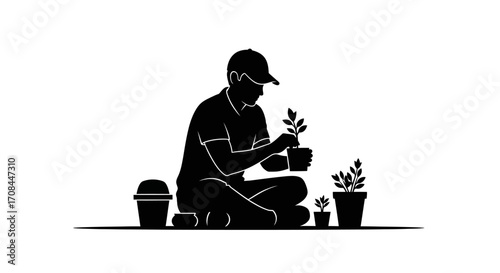 Man carefully potting young plant seedlings in serene gardening scene