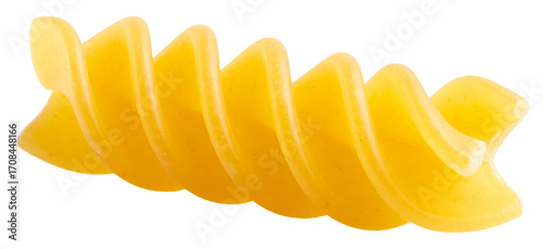 closeup of one raw fusilli pasta isolated on white background