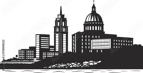 Vector art of black and white vector silhouette of the city of madison, wisconsin skyline with lake