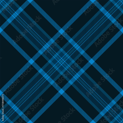 20s vector pattern textile, heritage tartan check texture. Flow background fabric seamless plaid in cyan and black colors.