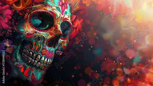 Colorful sugar skull with intricate floral designs, Day of the Dead in Mexico. dark red background, bokeh effect. horizontal banner, copy space, free space for text