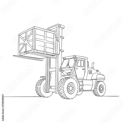 Heavy-Duty Lift: A detailed illustration of a heavy-duty forklift lifting a wooden crate, highlighting its robust design and functionality. colouring page