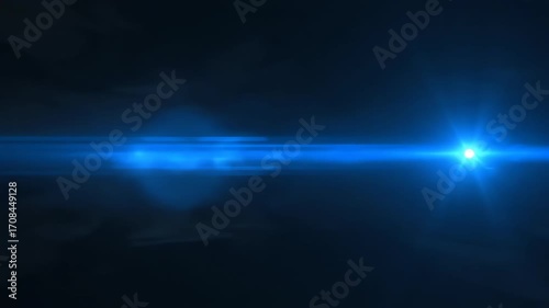 An intense blue anamorphic lens flare radiates and streaks across a dark, abstract background, providing a dynamic, seamlessly looping sci-fi element connection, futuristic, graphic