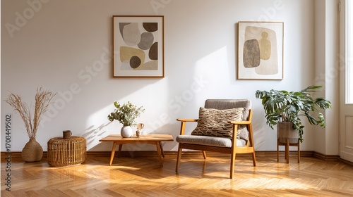 scandinavian. Minimalist Nordic living room with wooden accents and abstract art, bathed in soft natural light. lifestyle magazines.