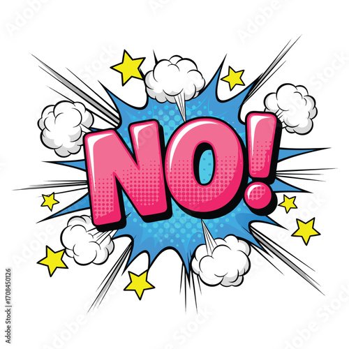 Comic style illustration of the word no with stars and clouds on transparent background
