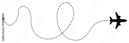 vector illustration of an airplane flying along a dashed flight path