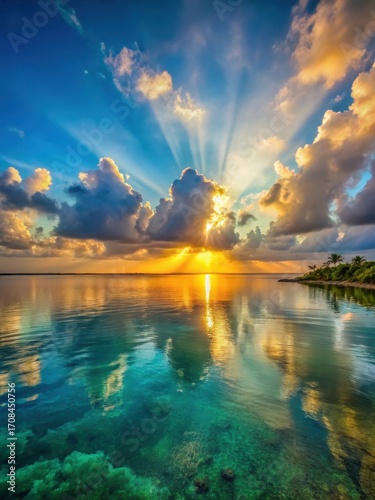 Warm light breaks through clouds over Key Largo's turquoise waters as sunrise approaches the horizon