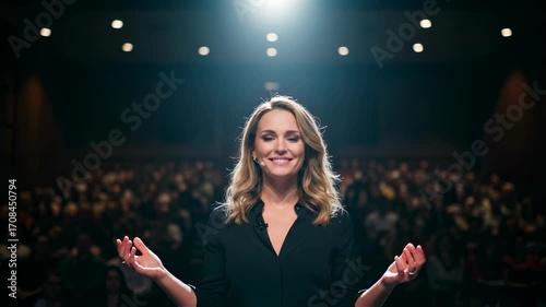 Woman speaker on stage with audience. Female presenter giving public speech or keynote address at conference. Business training meeting footage.