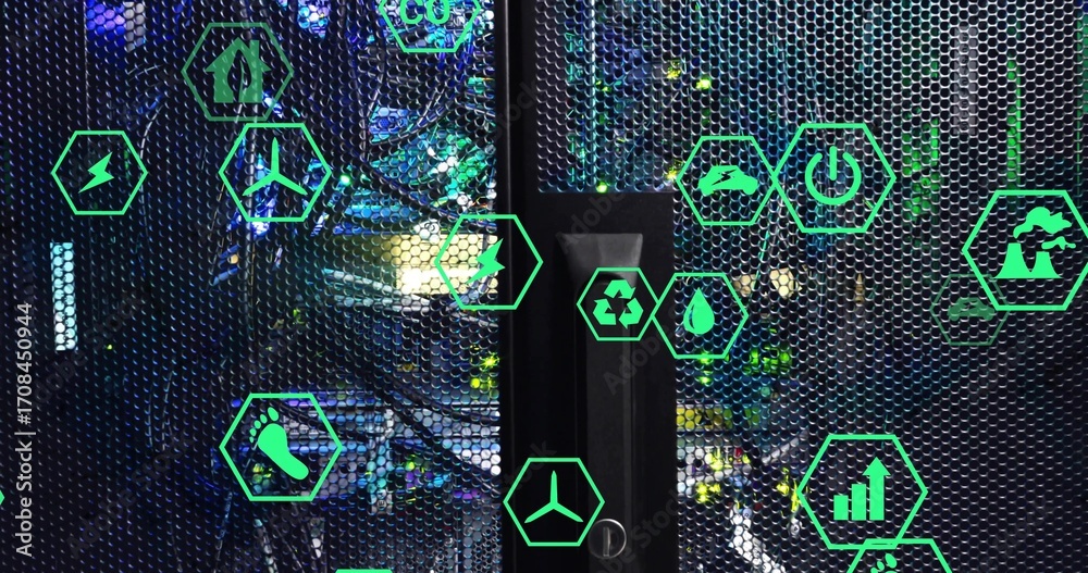 Fototapeta premium Displaying server rack mesh door revealing networking cables in data center, with green eco icons