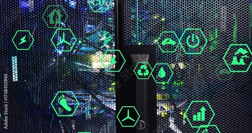 Displaying server rack mesh door revealing networking cables in data center, with green eco icons