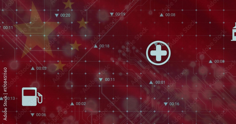 Naklejka premium Showing Chinese flag stars on infographic with gas pump and medical cross, timestamps, copy space