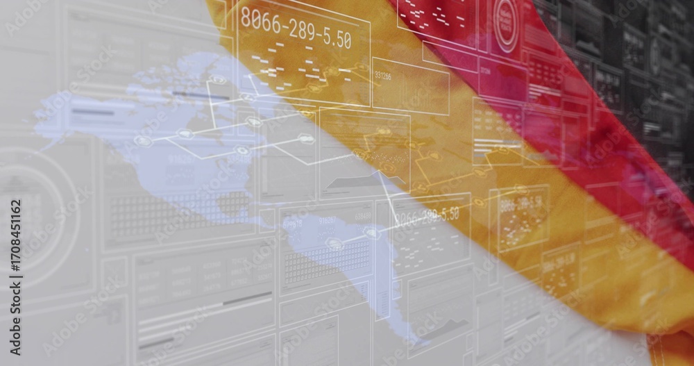 Naklejka premium German flag draping diagonally over holographic map in data center, with server racks, data panels