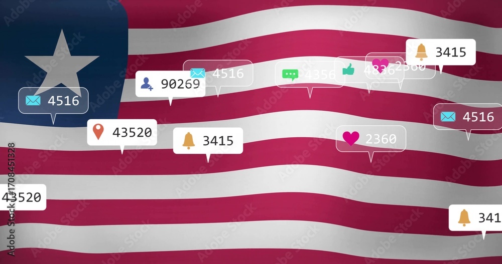 Obraz premium Floating notifications hovering over rippling stars-and-stripes flag, with envelopes bells pins