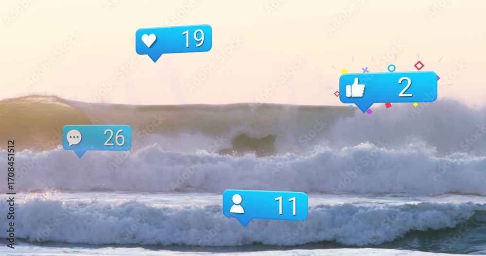 Obraz premium Riding surfer wearing wetsuit on board carving wave in open sea at sunrise, with notification icons