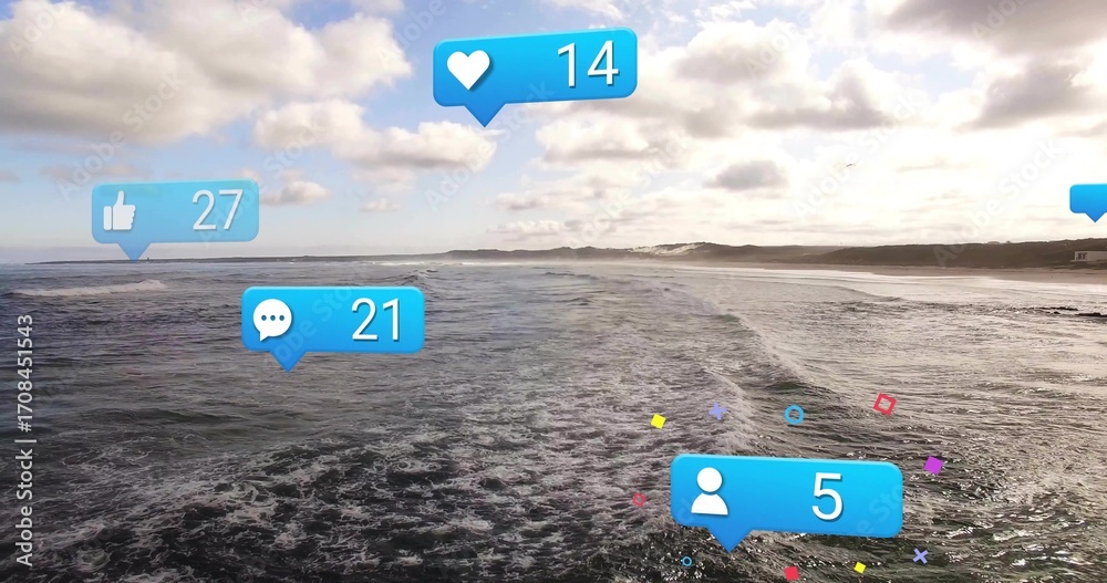 Fototapeta premium Displaying rolling ocean waves at beach, featuring bright blue social media engagement icons