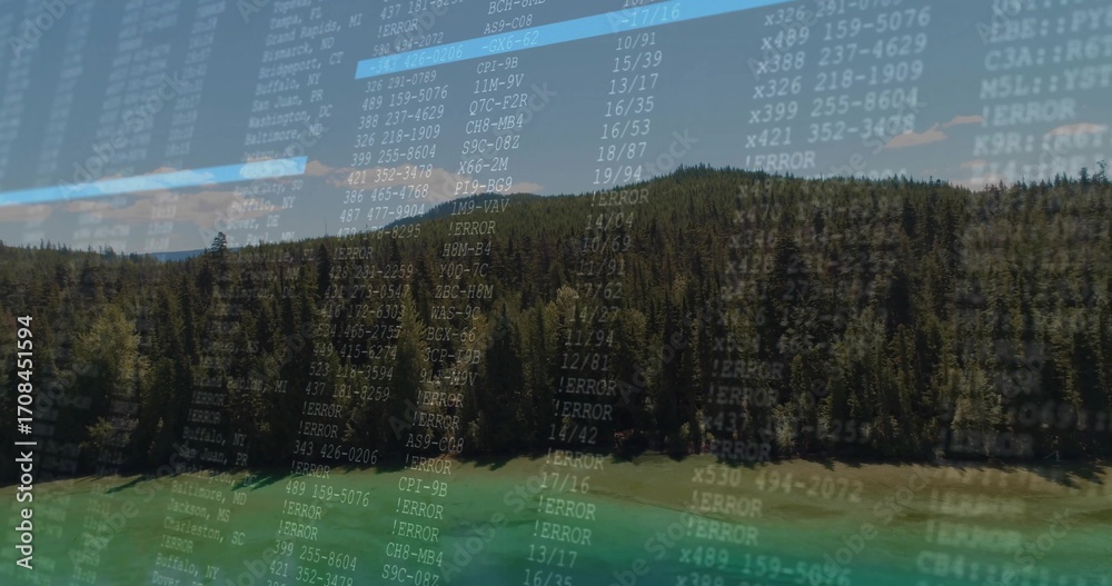 Fototapeta premium Terminal overlay displaying codes and 'ERROR' entries over turquoise lake and pine hills, glitch