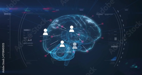 Displaying holographic 3D brain model on dark virtual interface, showing user-profile icons and HUD