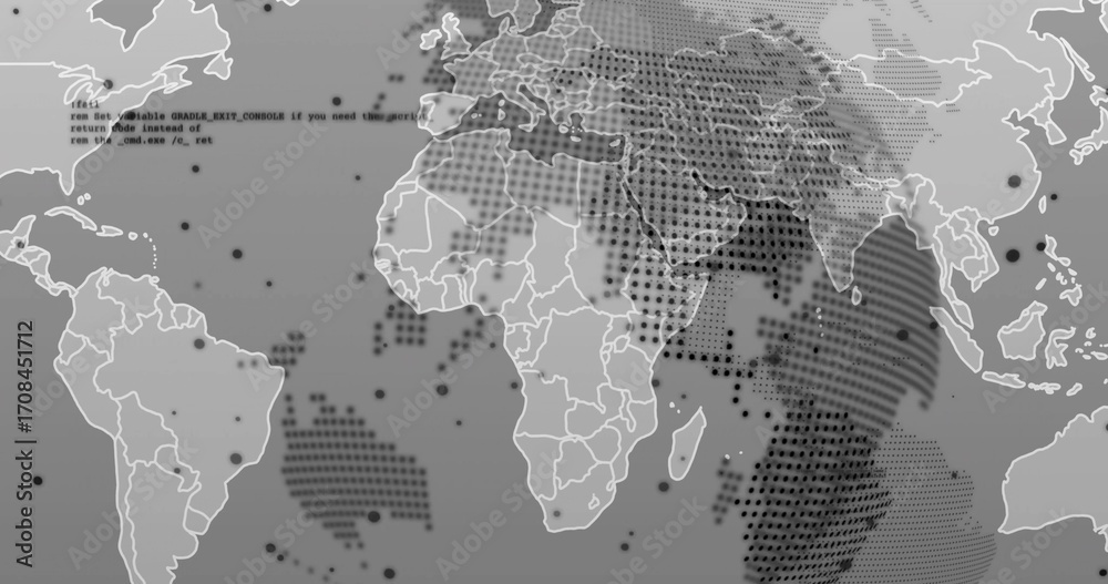 Fototapeta premium Displaying world map outlining continents on digital screen, with code overlay and floating dots