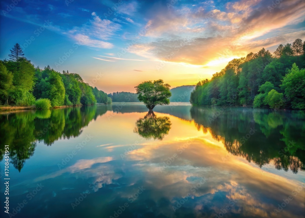 Fototapeta premium serene lake at sunrise with a stunning vertical view of calm heart-shaped waters reflected in surrounding trees and lush greenery