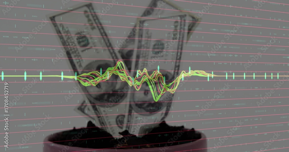 Fototapeta premium Showing flowerpot holding US hundred-dollar bills on studio tabletop, with financial chart overlay
