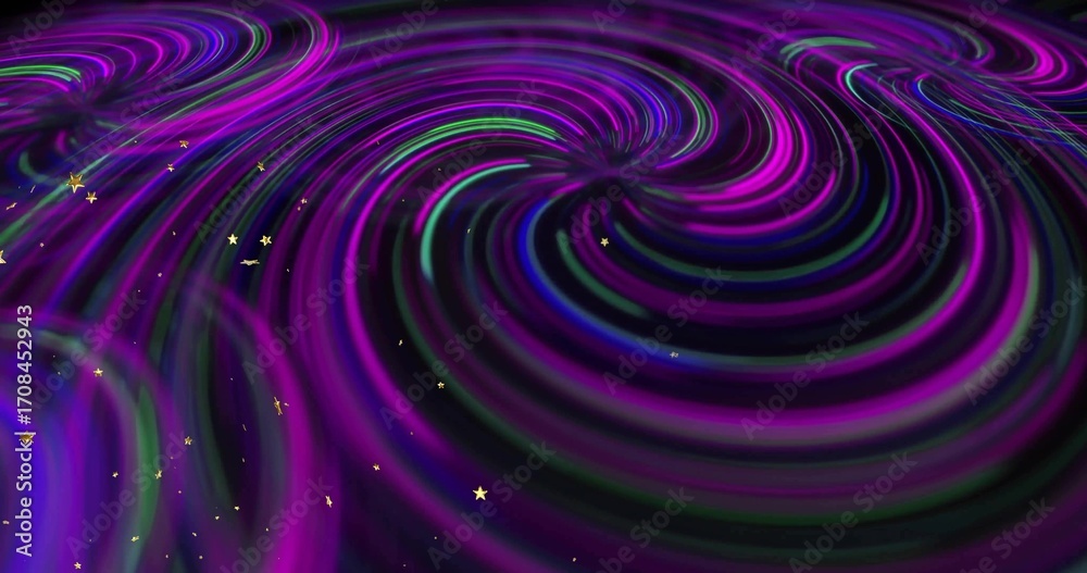 Fototapeta premium Swirling neon purple-green-blue vortex patterns in abstract digital space, with metallic gold stars
