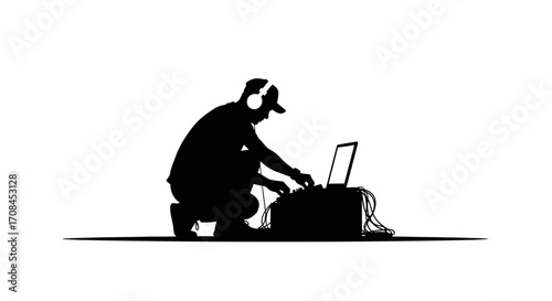 Energetic DJ performing live set with laptop and headphones creating vibrant party atmosphere
