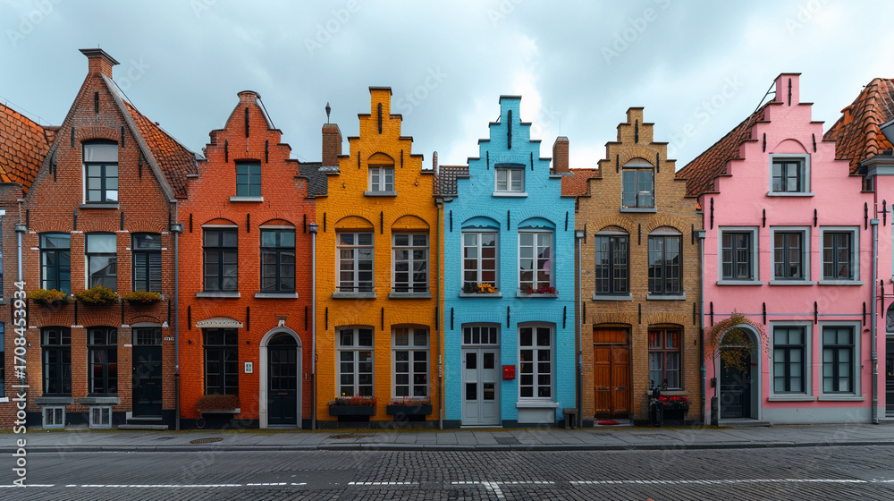 Naklejka premium Row of European-style pastel townhouses under soft overcast daylight, with symmetrical facades and wide sky space creating a calm urban scene