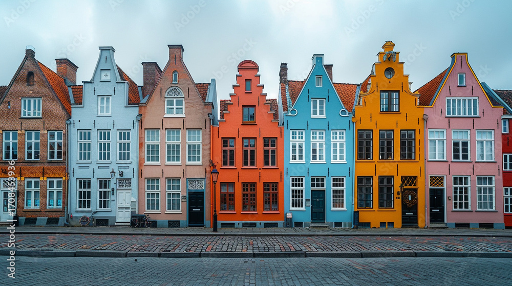 Naklejka premium Row of European-style pastel townhouses under soft overcast daylight, with symmetrical facades and wide sky space creating a calm urban scene