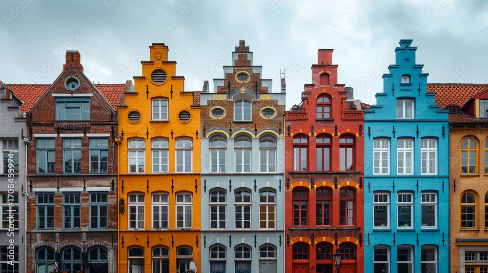 Fototapeta premium Row of European-style pastel townhouses under soft overcast daylight, with symmetrical facades and wide sky space creating a calm urban scene