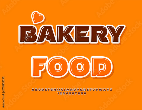 Vector artistic sign Bakery Food with Decorative Emblem. Creative Glossy Font. Modern set of Alphabet Letters and Numbers