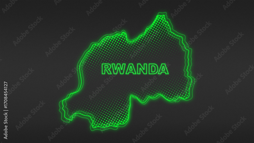 Fototapeta premium Neon Green Rwanda Map Outline Futuristic Digital Glow Halftone Illustration