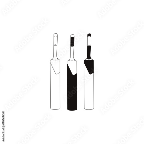 Simple, stylized illustration of three cricket bats, presented in black and white.