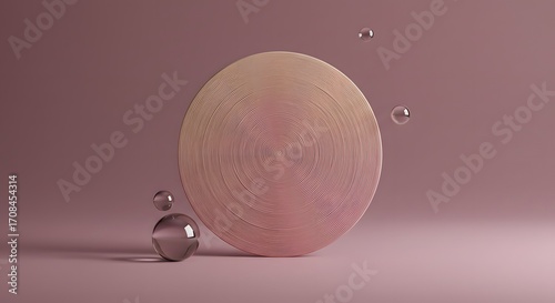 Abstract Pink Minimalist Composition with Glass Spheres and Circular Disc Elegant 3D Render Design