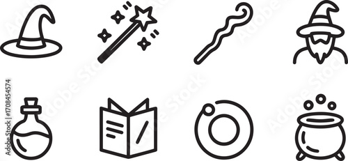 Enchantment Symbols Icons Set Wizardry Objects Linear Pictograms Sorcery Collection