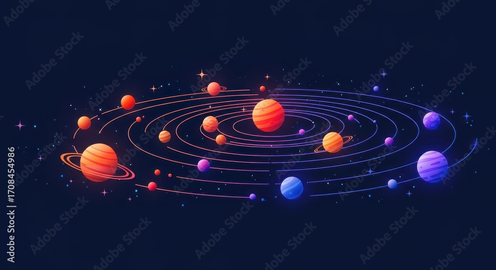 Obraz premium A colorful graphic representation of planets orbiting a central point, with glowing details and delicate orbiting lines.