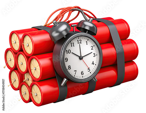 Red dynamite sticks bundled together with a black alarm clock